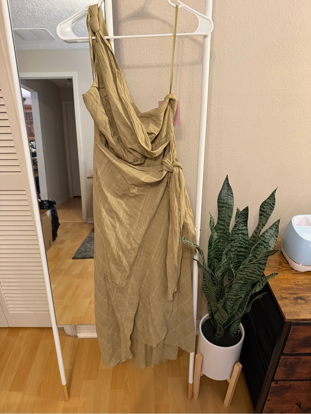 Hello Molly One-Shoulder Wrap Dress in Olive